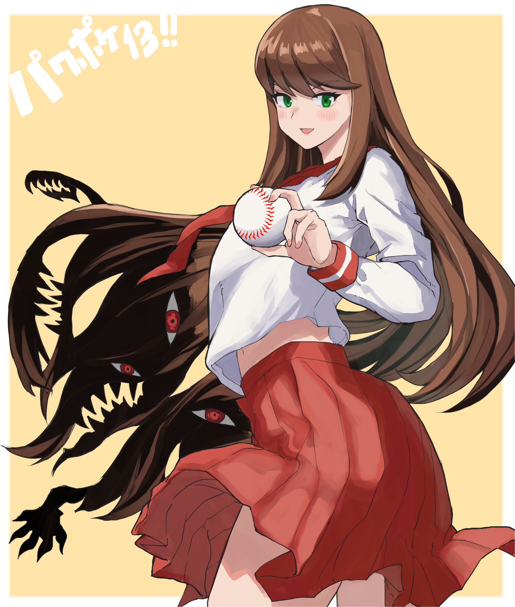 yamame 012, amezaki chihaya, jikkyou powerful pro yakyuu, power pro kun pocket, power pro kun pocket 13, commentary request, highres, 1girl, ball, baseball (object), border, brown hair, extra eyes, green eyes, holding, holding ball, long hair, looking at viewer, looking back, midriff peek, monster girl, navel, necktie, open mouth, outside border, red eyes, red necktie, red skirt, school uniform, shirt, skirt, solo, white border, white scales, white shirt
