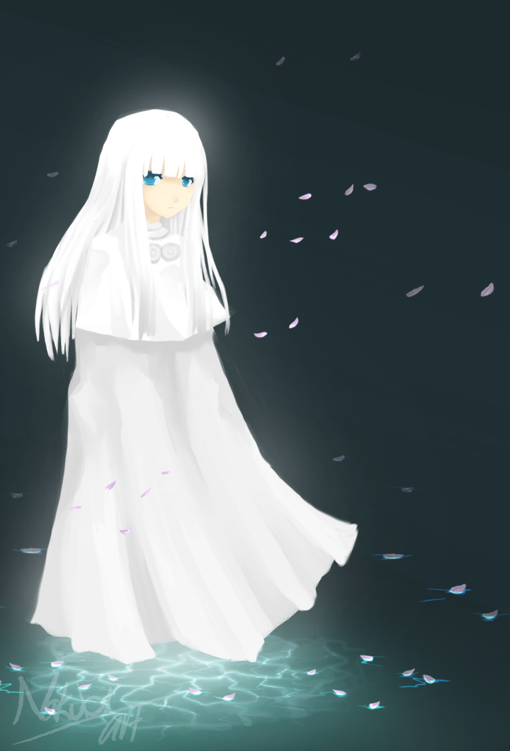nakubi, aura (.hack//), .hack//, bandai, cyber connect 2, 1girl, aura, black background, blue eyes, blunt bangs, capelet, dress, expressionless, female focus, pale skin, petals, signature, solo, standing, water, watermark, white dress, white hair