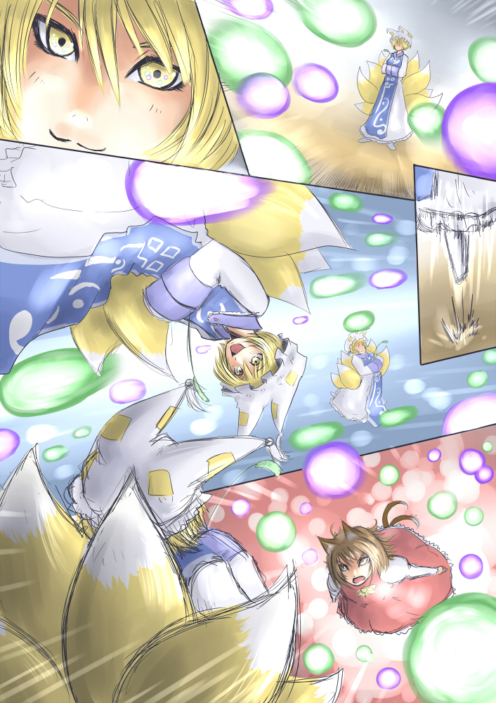 ura (05131), ura (pixiv), chen, yakumo ran, touhou, 2girls, :3, animal ears, battle, blonde hair, brown eyes, brown hair, cat ears, cat girl, cat tail, cat teaser, danmaku, female focus, fox tail, hat, jumping, midair, multiple girls, multiple tails, no headwear, short hair, tail, yellow eyes