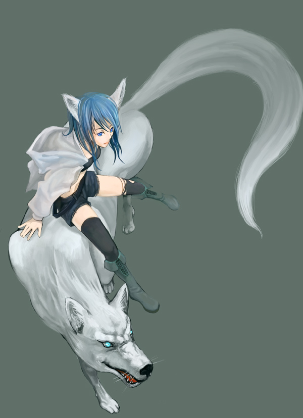 kushizukino ayame, original, animal ears, blue eyes, blue hair, riding, short hair, sitting, solo, thighhighs, wolf, wolf ears