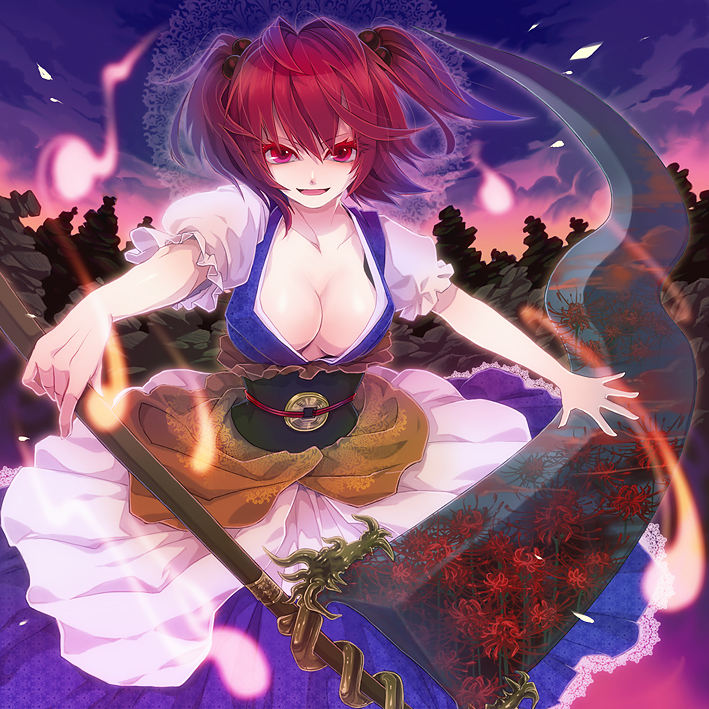 last c, yukimichi (nieko), onozuka komachi, touhou, 1girl, breasts, cleavage, dusk, female focus, floral print, flower, ghost, hair bobbles, hair ornament, large breasts, nature, outdoors, red eyes, red hair, scythe, short hair, sky, solo, spider lily print, twintails, two side up, weapon