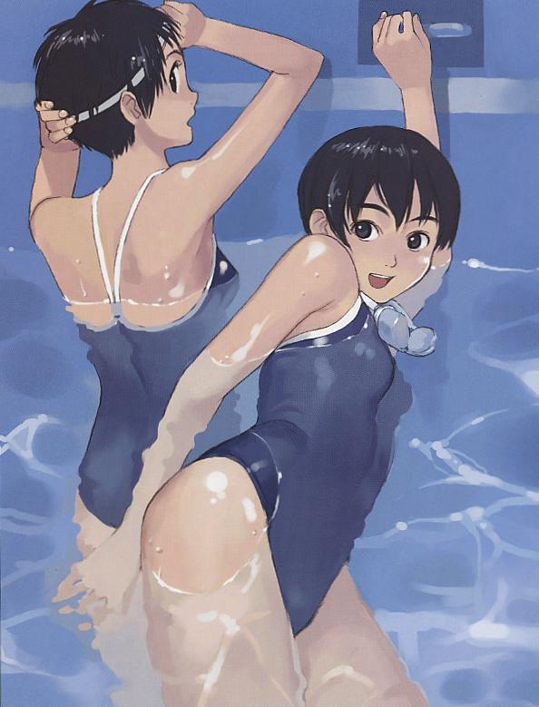 artist request, non-web source, 2girls, black eyes, black hair, competition swimsuit, goggles, multiple girls, one-piece swimsuit, pool, short hair, smile, swimming, swimsuit