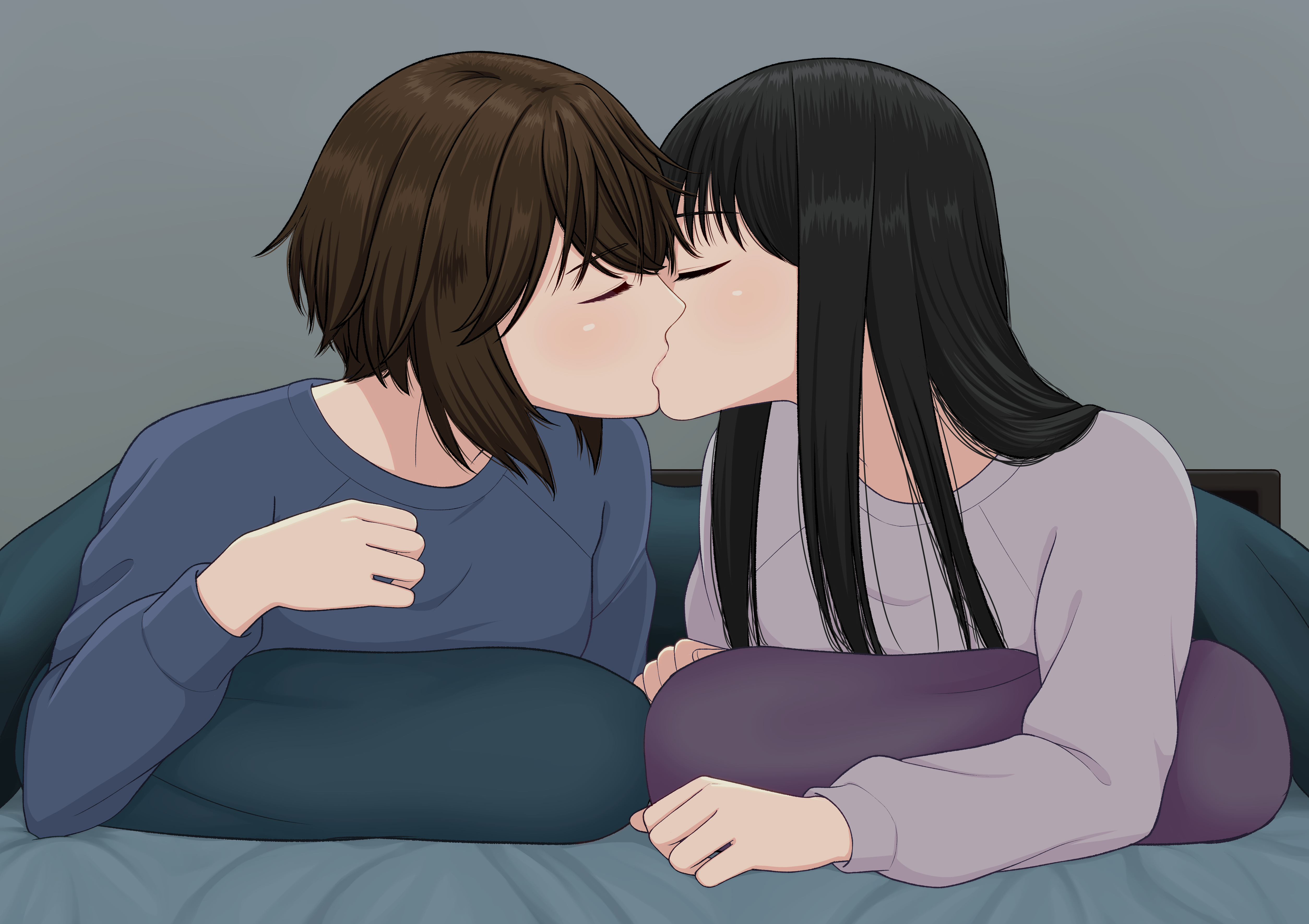 ryuusa, original, absurdres, commentary request, highres, 2girls, black hair, brown hair, closed eyes, french kiss, indoors, kiss, long hair, lying, multiple girls, on bed, on stomach, pillow, short hair, under covers, yuri