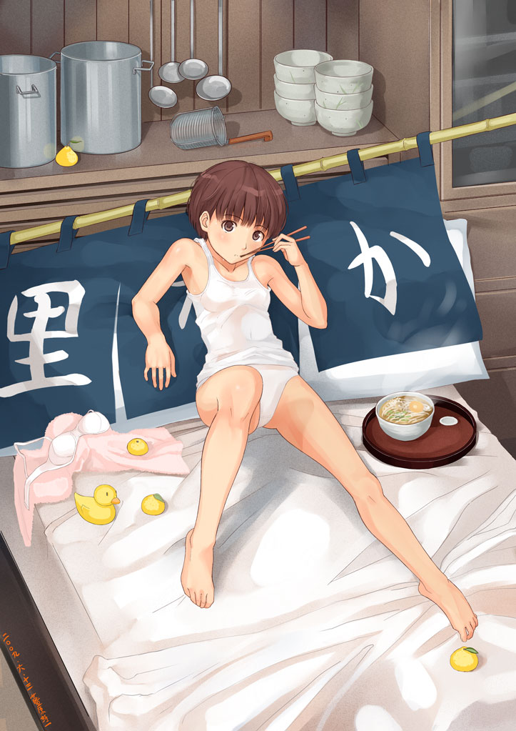 aihara kaichi, satonaka narumi, kimi kiss, 1girl, barefoot, blunt bangs, bra, brown eyes, brown hair, chopsticks, feet, female focus, flat chest, food, fruit, legs, lemon, lingerie, noodles, one-piece swimsuit, rubber duck, school swimsuit, short hair, solo, swimsuit, towel, udon, underwear, unworn bra, white one-piece swimsuit, white school swimsuit