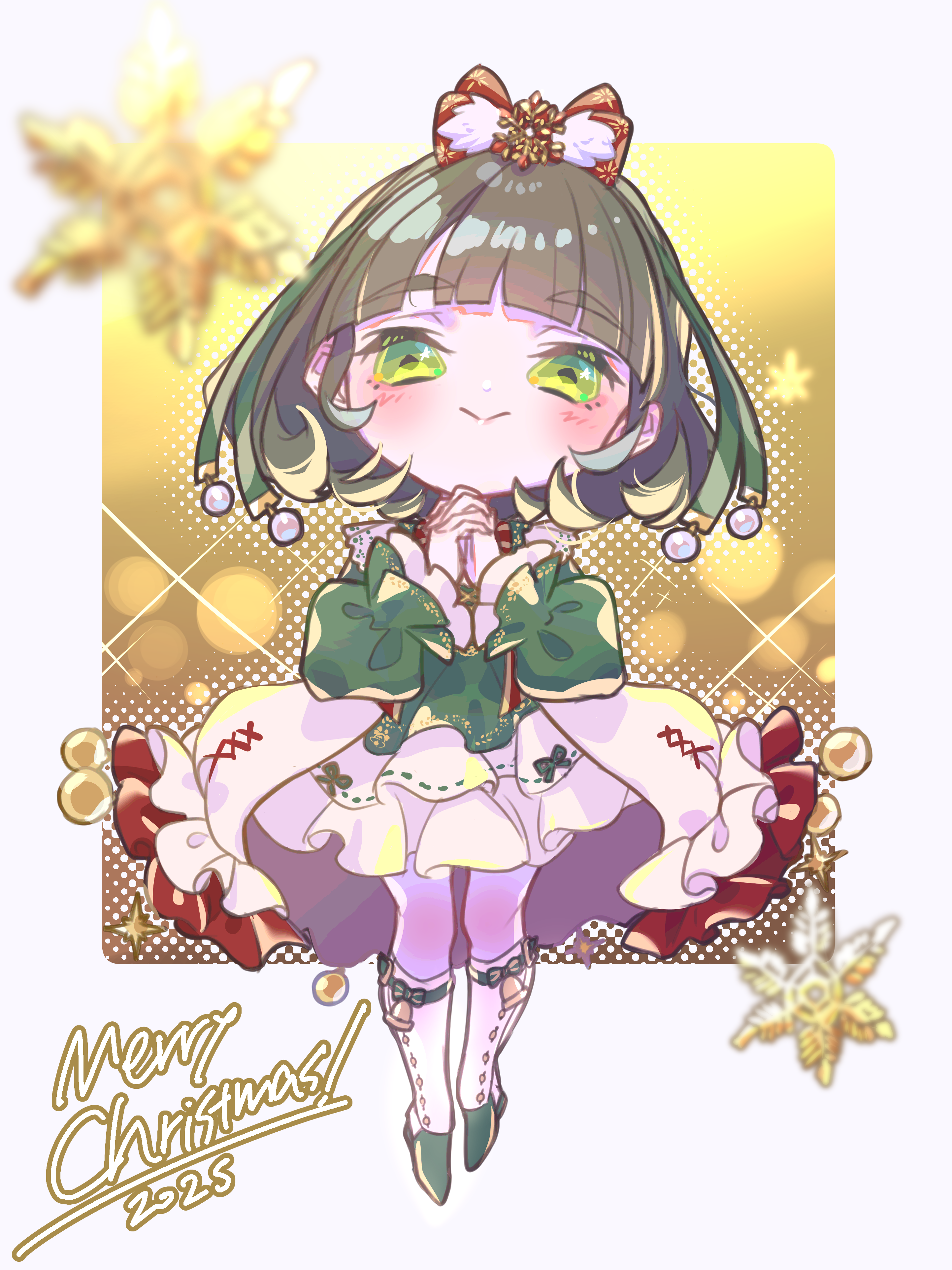 kirisaki nuko, momose ginko, link! like! love live!, love live!, absurdres, commentary request, highres, 1girl, 2025, blush, boots, closed mouth, green eyes, green hair, green shirt, holy night tale (love live!), knee boots, long sleeves, looking at viewer, merry christmas, puffy long sleeves, puffy sleeves, shirt, skirt, smile, solo, virtual youtuber, white boots, white skirt, yellow background