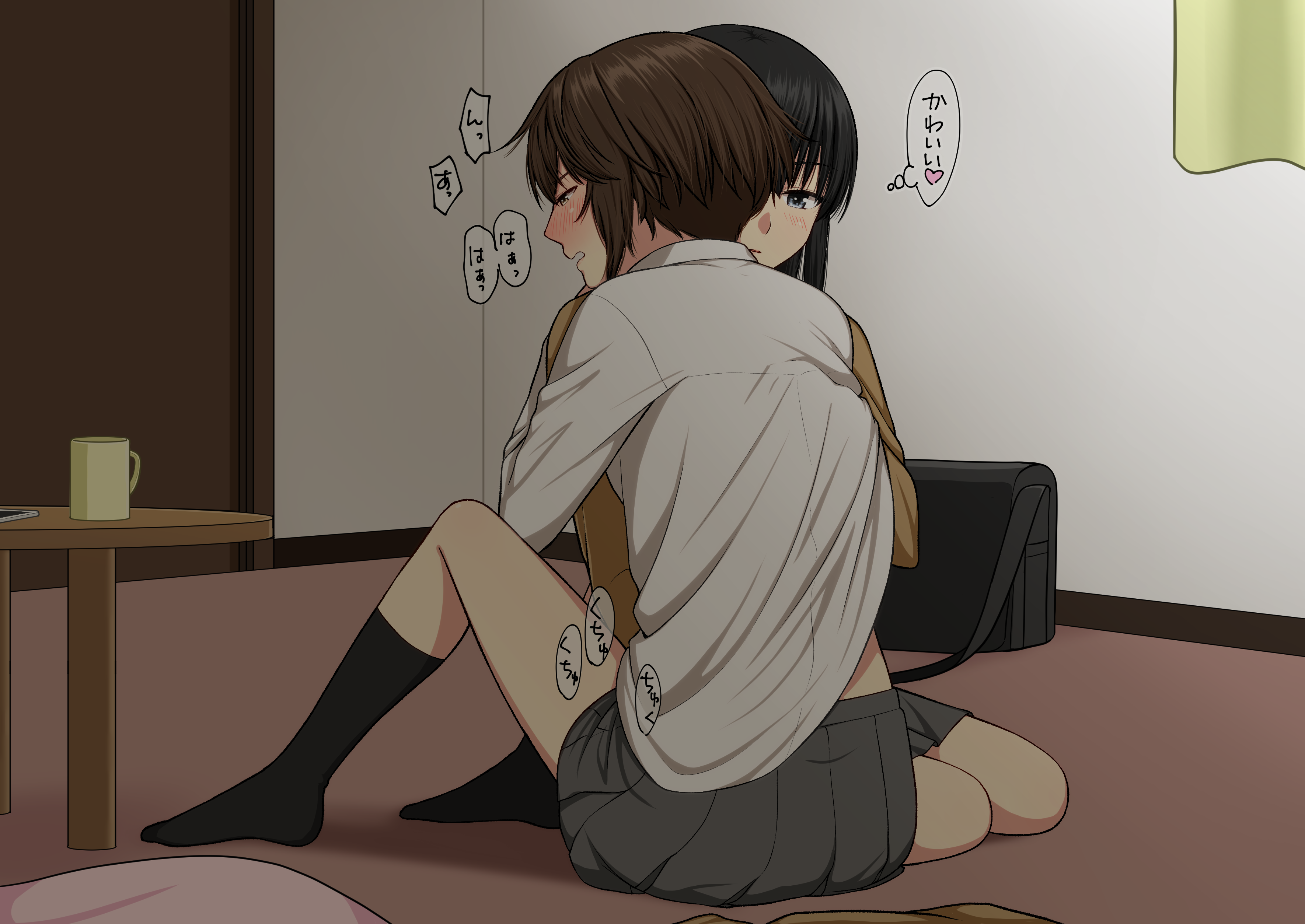 ryuusa, original, absurdres, commentary request, highres, translation request, 2girls, bag, black hair, black socks, blush, brown eyes, brown hair, brown sweater, coffee mug, cup, grey eyes, hand under clothes, hand under shirt, indoors, long hair, mug, multiple girls, on floor, parted lips, school bag, shirt, short hair, socks, speech bubble, sweater, table, thought bubble, white shirt, yuri