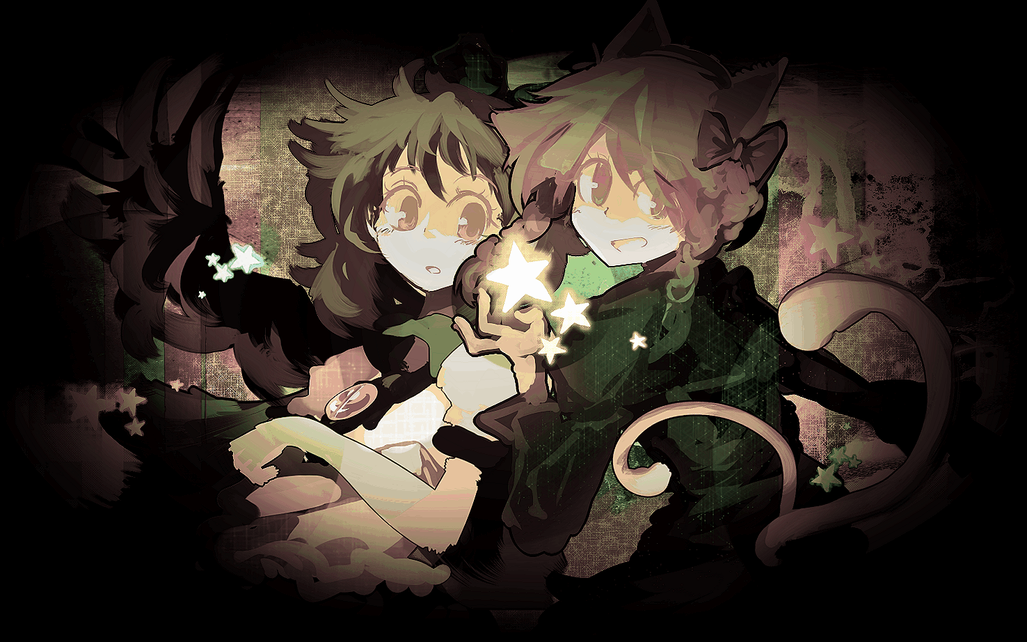 yoshioka yoshiko, kaenbyou rin, reiuji utsuho, touhou, 2girls, abstract, animal ears, braid, cat ears, cat girl, cat tail, female focus, multiple girls, multiple tails, star (symbol), tail, twin braids, wings