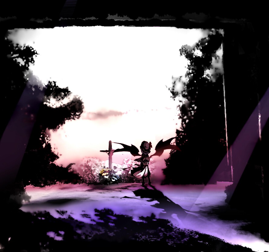 yoshioka yoshiko, remilia scarlet, touhou, 1girl, bat wings, cloud, cross, crucifixion, female focus, flower, full body, grave, outdoors, plant, shadow, sky, solo, standing, tree, twilight, wind, wings