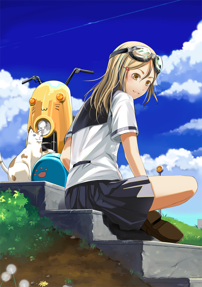 sody, original, vehicle, 1girl, blonde hair, cat, cloud, contrail, day, female focus, goggles, goggles on head, hair ornament, hairclip, helmet, indian style, long hair, motor vehicle, school uniform, scooter, serafuku, sitting, sitting on stairs, skirt, sky, solo, stairs