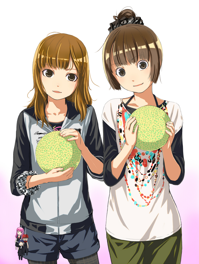 sody, dr.arm, miko+resurrection, quim underconstruction, albatrosicks, original, 2girls, blunt bangs, brown eyes, brown hair, cantaloupe, casual, character doll, charm (object), cover, doll, food, fruit, hair bun, holding, holding food, holding fruit, long hair, looking at viewer, melon, multiple girls, pantyhose, pantyhose under shorts, ponytail, shorts, single hair bun, smile, wide-eyed