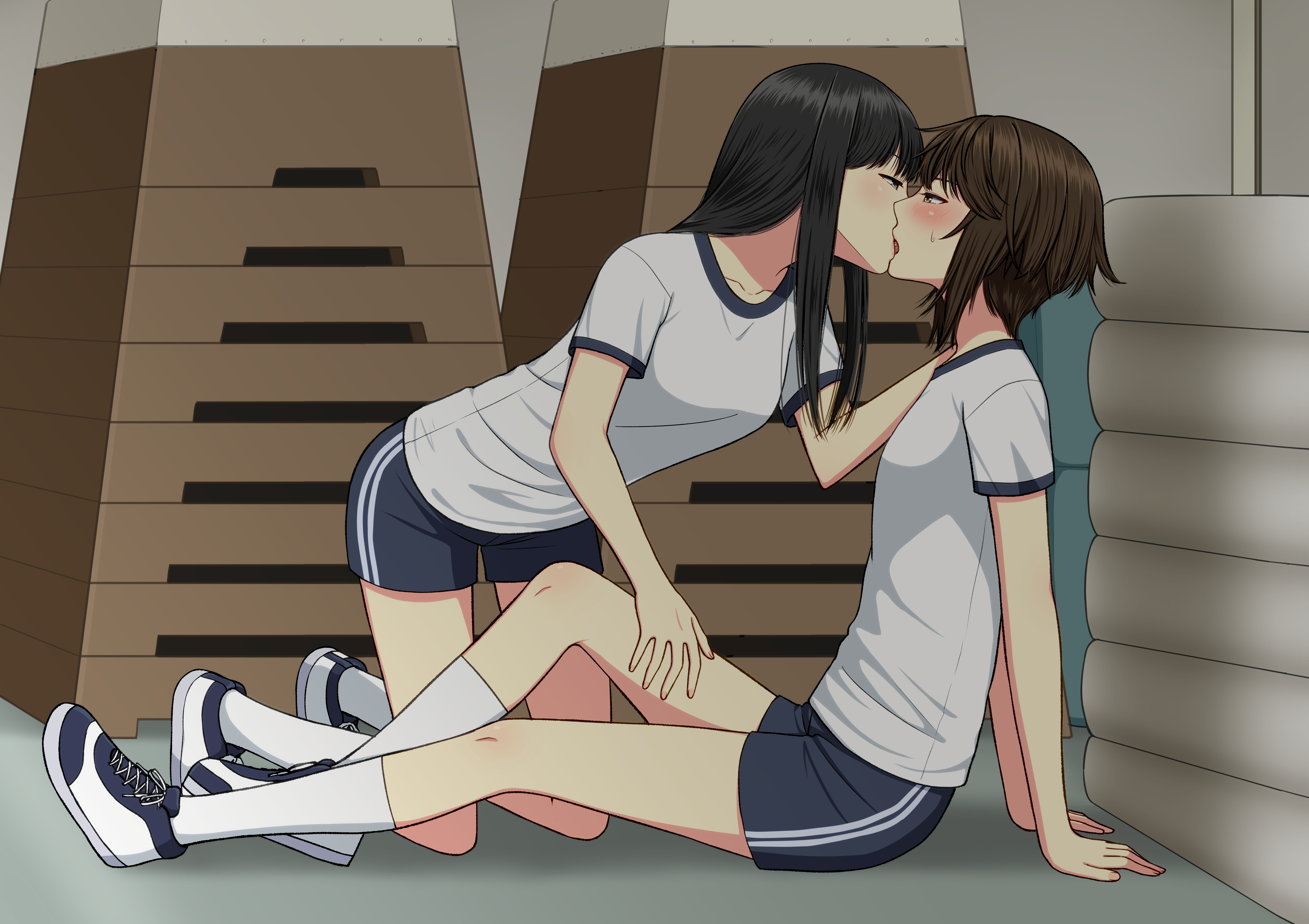 ryuusa, original, absurdres, commentary request, highres, 2girls, black hair, black shorts, blush, brown hair, french kiss, gym storeroom, gym uniform, hand on another's shoulder, hand on another's thigh, kiss, kneehighs, long hair, multiple girls, shirt, shoes, short hair, shorts, socks, sweat, tongue, vaulting horse, white shirt, white shoes, white socks, yuri