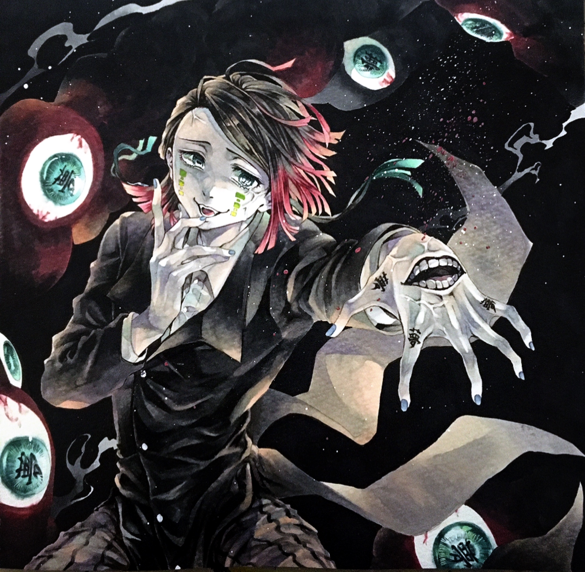 ruchi (nxje5533), enmu (kimetsu no yaiba), kimetsu no yaiba, commentary, highres, marker (medium), traditional media, 1boy, asymmetrical bangs, black background, black hair, black jacket, blue nails, buttons, coattails, colored tips, cowboy shot, demon boy, facial mark, fangs, finger tattoo, flesh, floating clothes, floating hair, floating jacket, foreshortening, green eyes, grey pants, hand to own mouth, hand up, incoming attack, jacket, kanji tattoo, kneeling, light particles, long sleeves, male focus, medium hair, misplaced mouth, monster, multicolored hair, open mouth, outstretched arm, pants, pinstripe pants, pinstripe pattern, reaching, reaching towards viewer, smile, smoke, suit jacket, symbol-shaped pupils, tailcoat, tattoo, tears facial mark, teeth, too many eyes, trap, undershirt, veins, veiny eyes, veiny face, veiny hands, wind