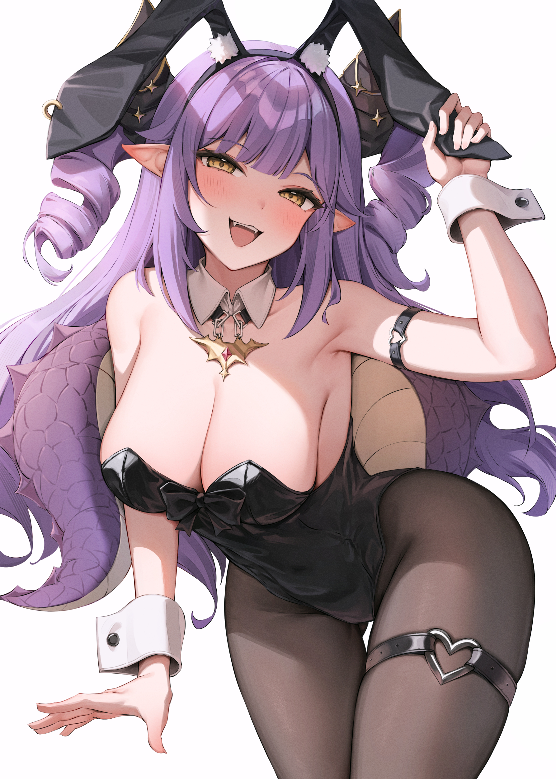shiriaru (jjonaeng), sakihane huya, stellive, absurdres, commentary, highres, 1girl, animal ear hairband, animal ears, arm belt, arm up, armpits, bare shoulders, belt, black horns, black leotard, black pantyhose, blush, breasts, cleavage, collarbone, covered groin, covered navel, detached collar, dragon girl, dragon horns, dragon tail, drill hair, ears down, fake animal ears, fangs, gem, gold, hairband, head tilt, heart, heart o-ring, holding ear, horns, large breasts, leaning forward, leotard, long hair, looking at viewer, o-ring, open mouth, pantyhose, pink gem, playboy bunny, pointy ears, purple hair, rabbit ears, sideboob, sidelocks, simple background, smile, solo, standing, strapless, strapless leotard, tail, thigh belt, thigh strap, thighs, twin drills, two side up, very long hair, virtual youtuber, white background, white wrist cuffs, wrist cuffs, yellow eyes