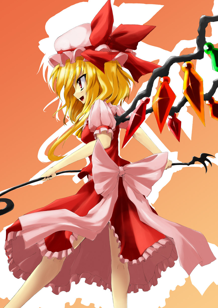 wazuka na shiawase, flandre scarlet, embodiment of scarlet devil, touhou, bad id, bad pixiv id, highres, 1girl, blonde hair, bow, female focus, gradient background, hat, laevatein, long hair, red eyes, side ponytail, solo, wings