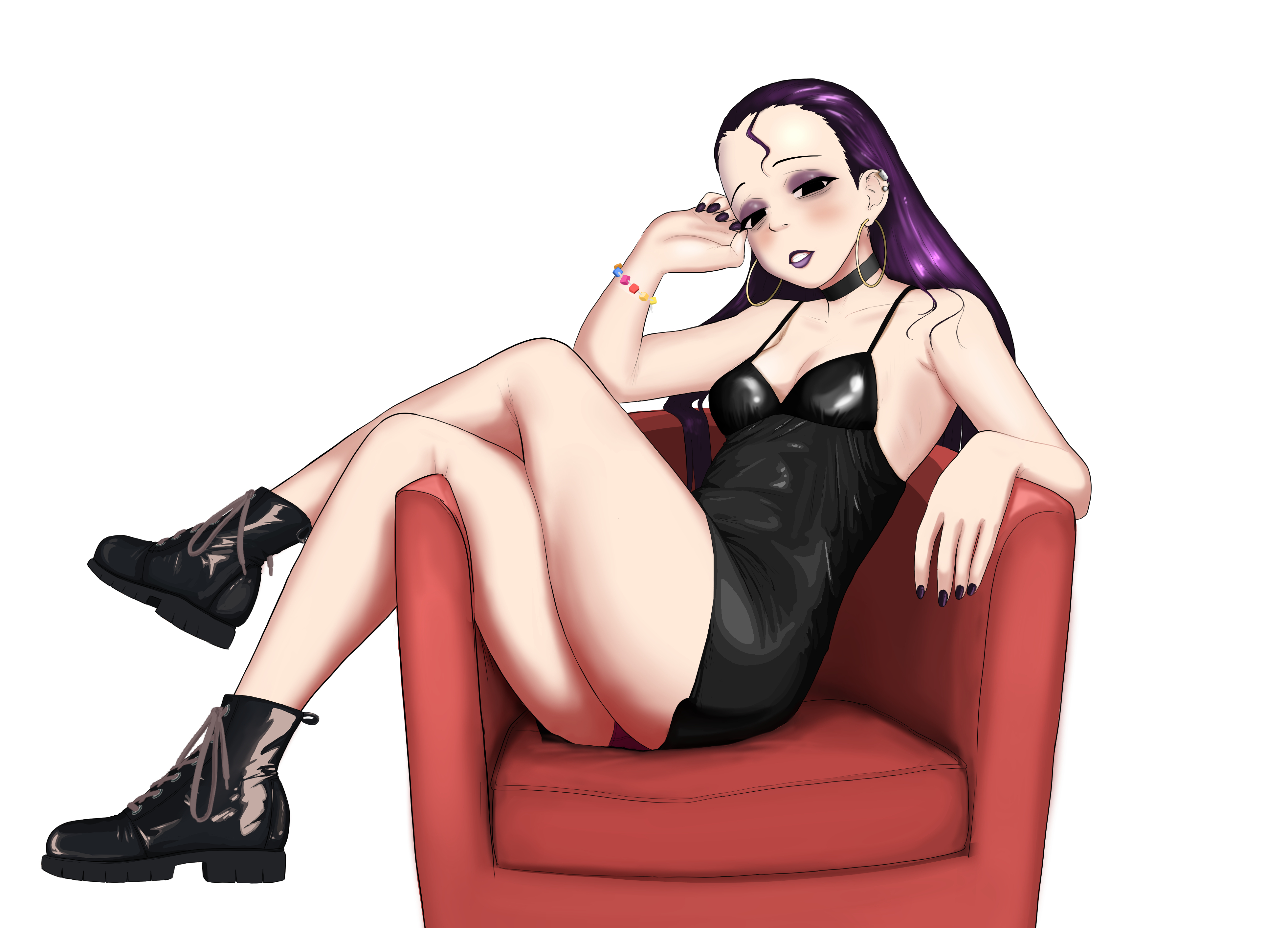 death by lolis, original, absurdres, commentary, highres, large variant set, photo-referenced, symbol-only commentary, variant set, 1girl, armpit crease, bags under eyes, black boots, black choker, black dress, black eyes, black nails, boots, bracelet, breasts, chair, choker, cleavage, collarbone, crossed legs, deko (death by lolis), dress, ear piercing, earclip, earrings, eyeshadow, forehead, full body, hoop earrings, jewelry, long hair, makeup, nail polish, parted lips, piercing, purple eyeshadow, purple hair, purple lips, short dress, simple background, sitting, small breasts, solo, strap gap, toenail polish, toenails, white background