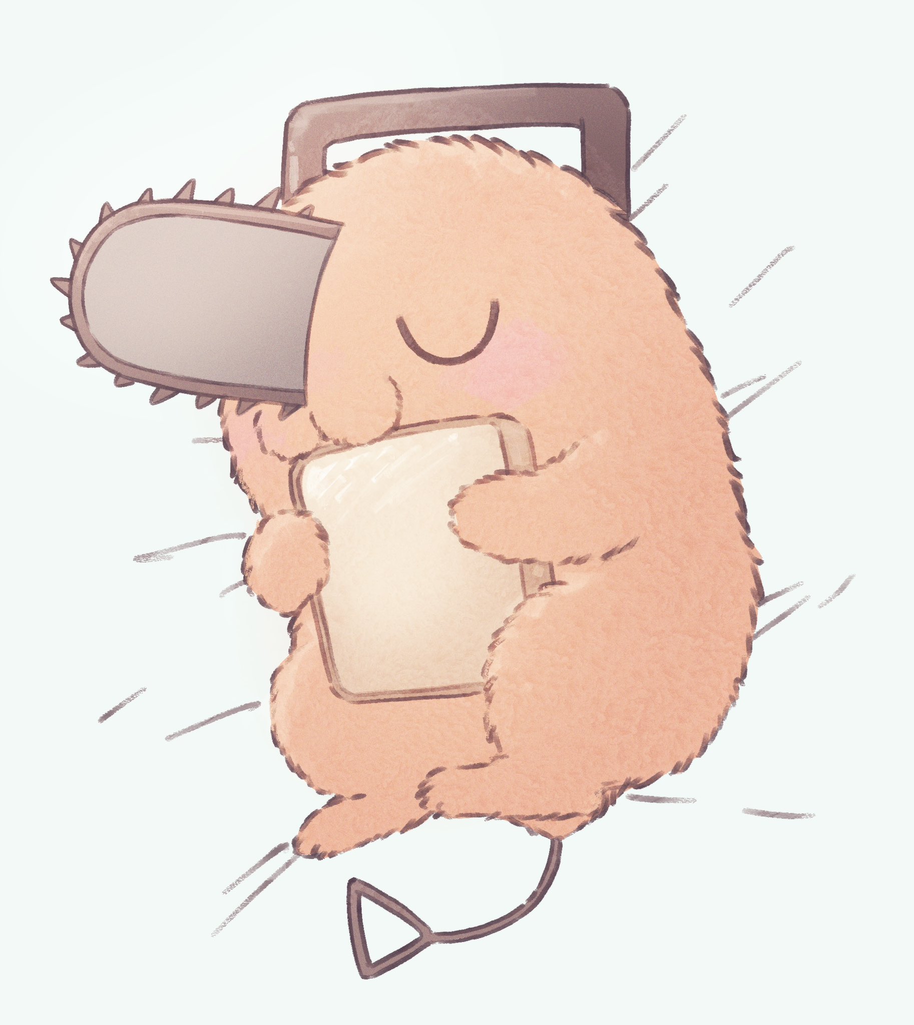 pochita (chainsaw man), chainsaw man, commentary request, highres, 1other, :3, bed sheet, bread, bread slice, chainsaw, closed eyes, creature, food, full body, holding bread, light blush, nishi241 i, no humans, orange fur, sleeping