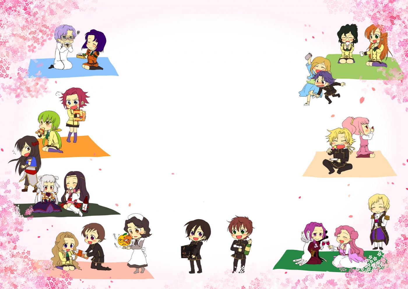 mina m, mochizuki mina, anya alstreim, c.c., cecile croomy, cornelia li britannia, euphemia li britannia, gino weinberg, jeremiah gottwald, kouzuki kallen, kururugi suzaku, lelouch vi britannia, li xingke, lloyd asplund, milly ashford, nina einstein, nunnally vi britannia, rivalz cardemonde, rolo lamperouge, schneizel el britannia, shinozaki sayoko, shirley fenette, sumeragi kaguya, tianzi, code geass, annotation request, resized, 6+boys, 6+girls, cherry blossoms, everyone, food, fruit, multiple boys, multiple girls, orange (fruit), picnic