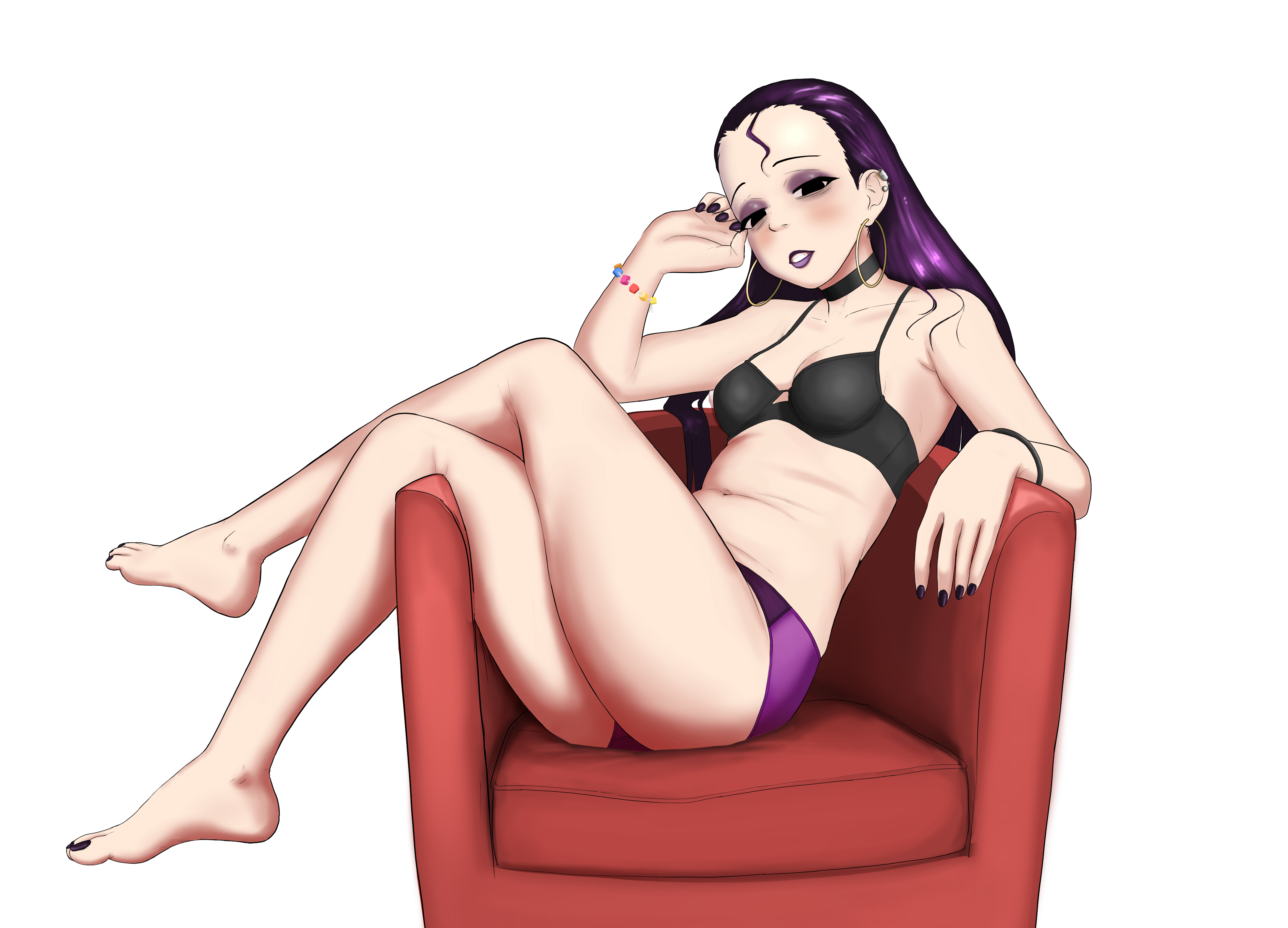 death by lolis, original, absurdres, commentary, english commentary, highres, large variant set, photo-referenced, variant set, 1girl, armpit crease, bags under eyes, barefoot, belly, black bra, black choker, black eyes, black nails, bra, bracelet, breasts, chair, choker, cleavage, collarbone, crossed legs, deko (death by lolis), ear piercing, earclip, earrings, eyeshadow, forehead, full body, hoop earrings, jewelry, long hair, makeup, nail polish, navel, panties, parted lips, piercing, purple eyeshadow, purple hair, purple lips, purple panties, simple background, sitting, small breasts, solo, toenail polish, toenails, underwear, underwear only, white background