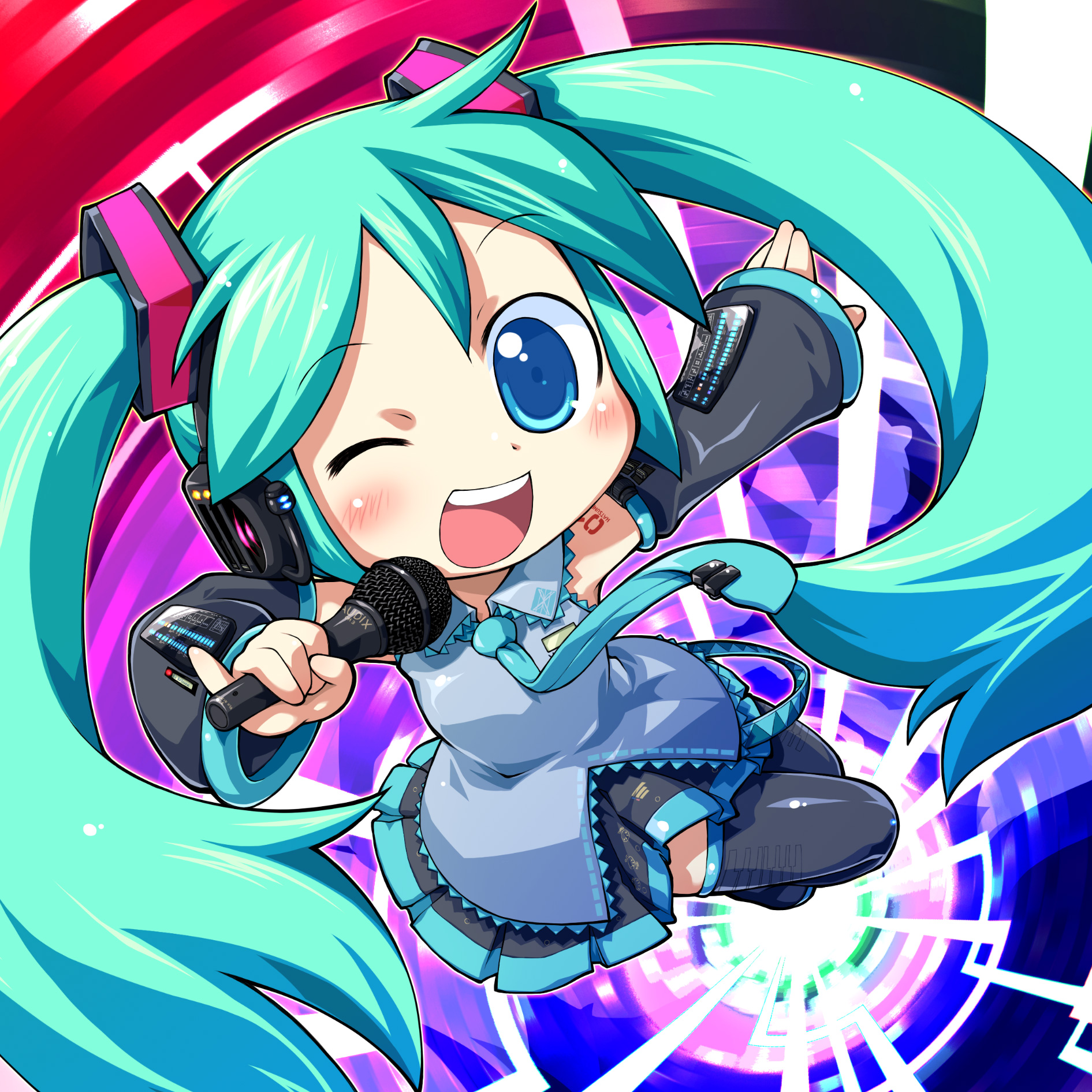 sakurabe notos, hatsune miku, oshiete!! mahou no lyric (vocaloid), vocaloid, bad id, bad pixiv id, highres, 1girl, aqua hair, blue eyes, detached sleeves, female focus, headset, long hair, microphone, necktie, one eye closed, open mouth, pinky out, skirt, smile, solo, thighhighs, twintails, wink