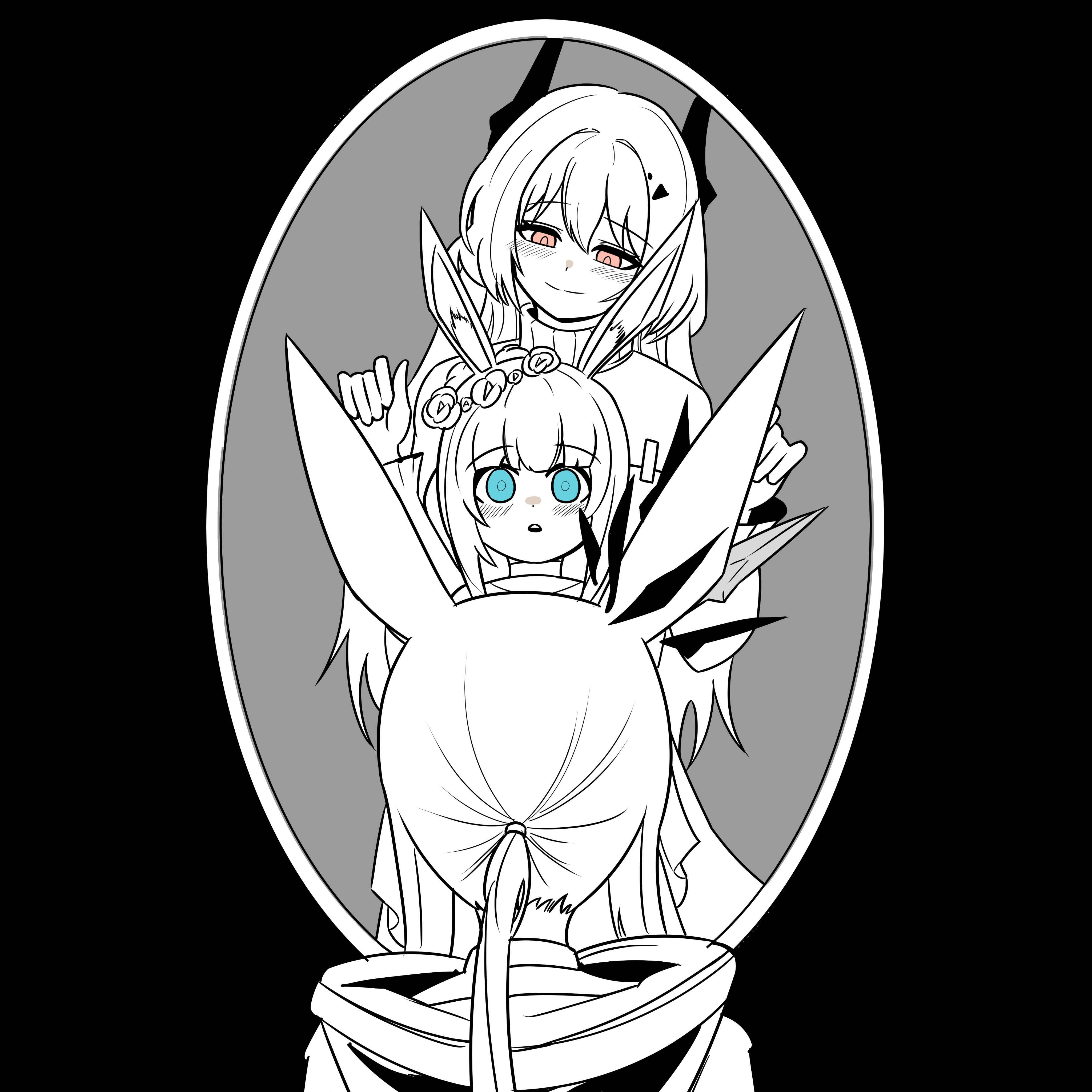 choebal1356201, amiya (arknights), civilight eterna, theresa (arknights), arknights, absurdres, hashtag-only commentary, highres, 2girls, animal ear fluff, animal ears, black background, blue eyes, demon horns, different reflection, dress, flower wreath, greyscale, hood, hood down, horns, jacket, long hair, long sleeves, looking at another, looking at mirror, looking down, mirror, monochrome, multiple girls, ponytail, rabbit ears, rabbit girl, red eyes, reflection, smile, spot color, turtleneck, turtleneck dress, very long hair