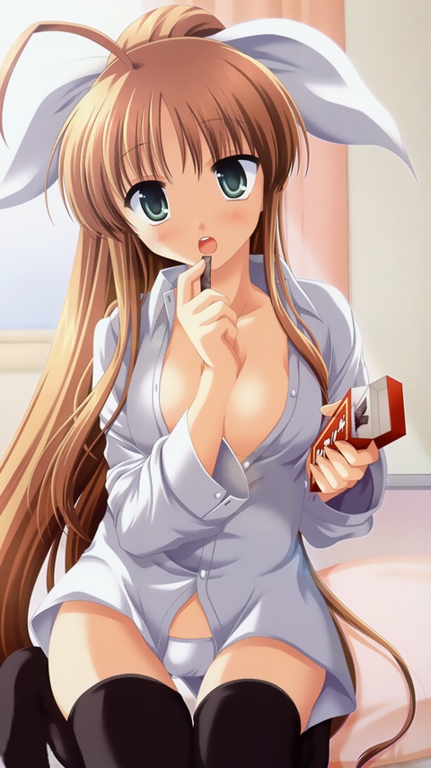 odawara hakone, setouchi mikan, konboku mahjong, konna mahjong ga attara boku wa ron, duplicate, 1girl, breasts, brown hair, cleavage, female focus, hair ribbon, long hair, no bra, panties, ponytail, ribbon, solo, thighhighs, underwear, very long hair