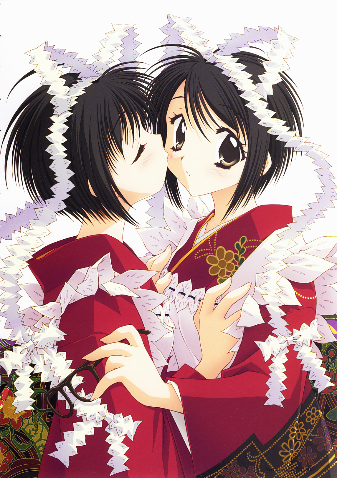 kadoi aya, highres, scan, scan artifacts, 2girls, :o, apron, black hair, blush, brown eyes, closed eyes, from side, glasses, hair ribbon, holding, holding removed eyewear, japanese clothes, kimono, kiss, lace, multiple girls, profile, ribbon, short hair, simple background, unworn eyewear, upper body, white background, white ribbon