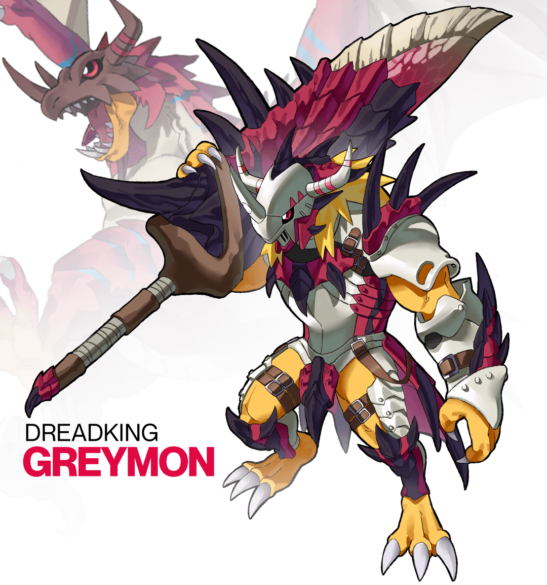 reusgreymon, victorygreymon, wargreymon, digimon, monster hunter (series), commentary, english commentary, armor, blonde hair, colored skin, digimon (creature), dinosaur, dragon, fusion, helmet, holding, holding sword, holding weapon, horns, krinn75, medium hair, no humans, red eyes, sharp teeth, shoulder p, simple background, spiked tail, sword, tail, teeth, weapon, white background, wings, yellow skin
