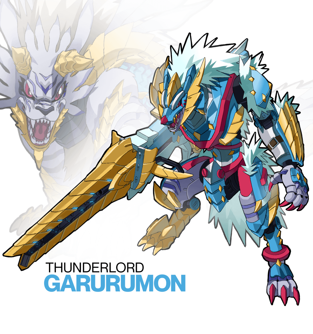 metalgarurumon, metalgarurumon x-antibody, zinogarurumon, digimon, monster hunter (series), commentary, english commentary, armor, blue armor, blue helmet, blue tail, digimon (creature), full body, fusion, grey hair, helmet, horns, krinn75, long hair, red eyes, sharp teeth, simple background, solo focus, standing, teeth, white background, wolf, yellow horns, yellow tail