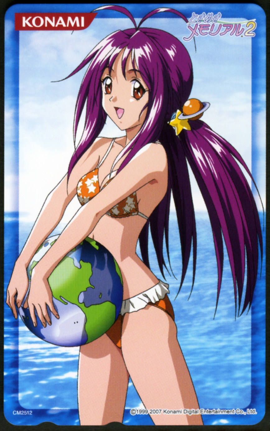 kokura masashi, kotobuki miyuki, konami, tokimeki memorial, tokimeki memorial 2, highres, official art, scan, 00s, 1990s (style), 1girl, 2007, :d, antenna hair, ball, beachball, bikini, brown eyes, company name, copyright logo, copyright name, female focus, frilled bikini, frills, hair ornament, logo, long hair, open mouth, planet, print bikini, purple hair, retro artstyle, smile, solo, star (symbol), star hair ornament, star print, star print bikini, swimsuit