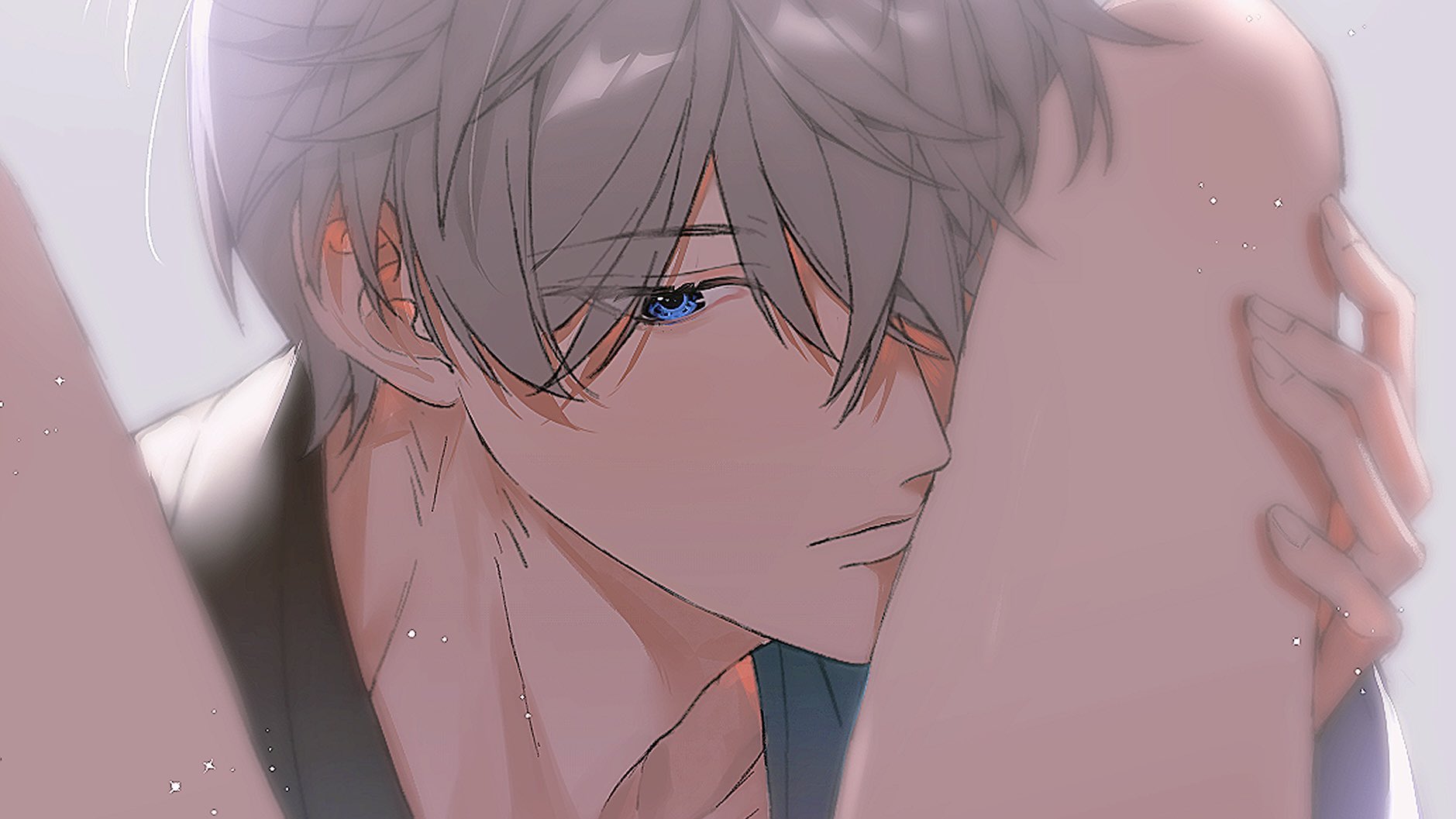 gymnopedies2, protagonist (love and deepspace), xavier (love and deepspace), love and deepspace, commentary request, highres, 1boy, 1girl, black shirt, blue eyes, closed mouth, couple, grey hair, hair between eyes, hair over one eye, hand on another's thigh, head between legs, head between thighs, hetero, male focus, shirt, short hair, upper body