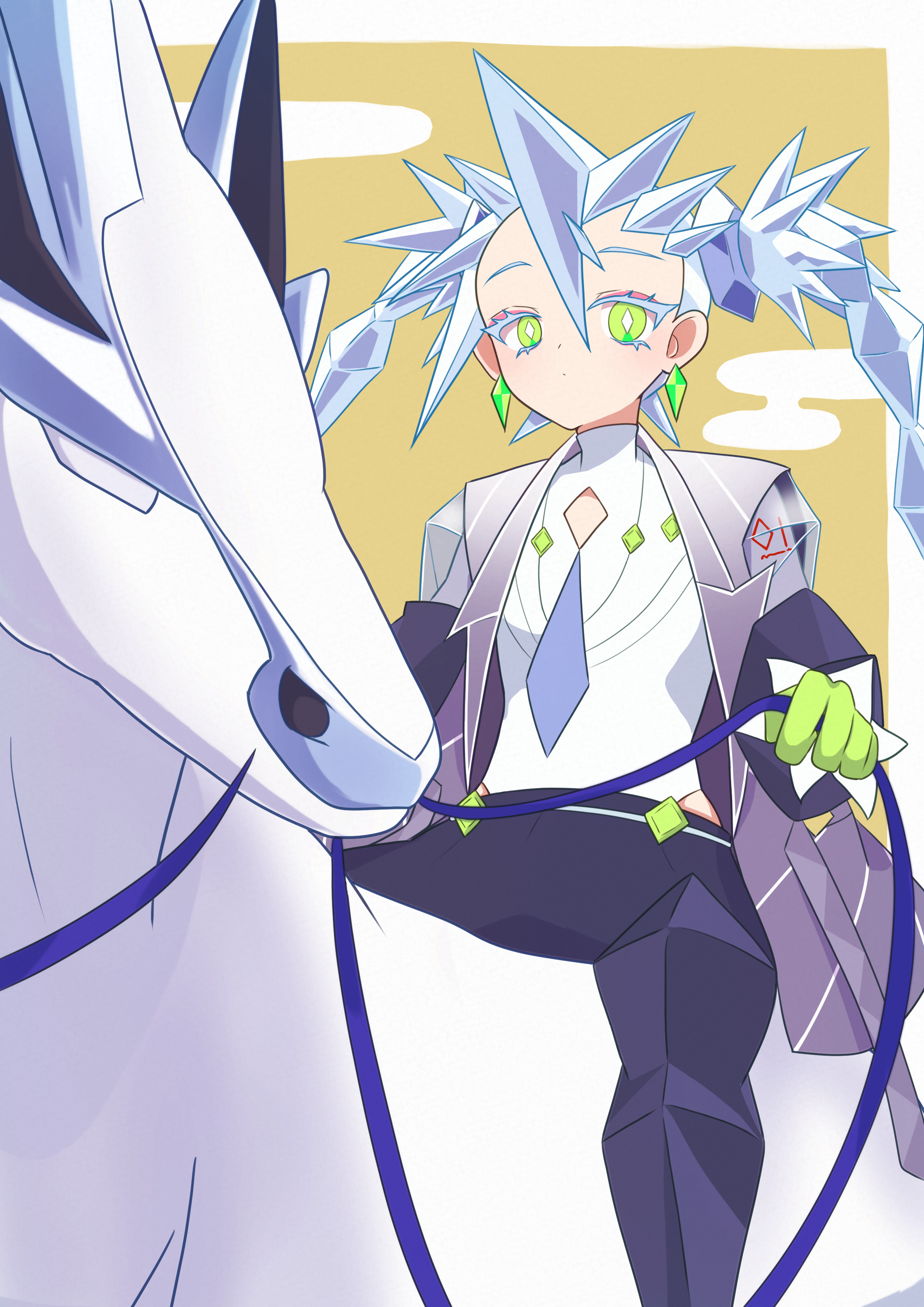 onoda 8230, glastrier, hatsune miku, ice miku (project voltage), nintendo, pokemon, project voltage, vocaloid, absurdres, commentary request, highres, 1girl, black pants, bright pupils, closed mouth, diamond-shaped pupils, diamond (shape), earrings, eyelashes, gloves, green eyes, green gloves, grey jacket, holding, holding reins, ice, ice hair, jacket, jewelry, long sleeves, open clothes, open jacket, pants, pokemon (creature), reins, riding, riding pokemon, shirt, symbol-shaped pupils, white pupils, white shirt