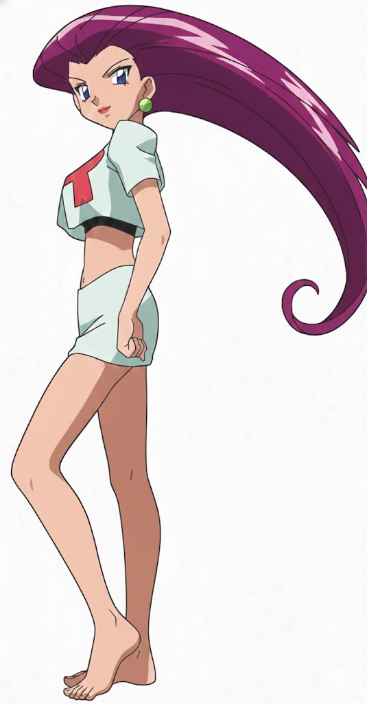 jessie (pokemon), nintendo, pokemon, pokemon (anime), ai-assisted, official art, self-upload, third-party edit, 1girl, bare arms, bare legs, barefoot, blue eyes, earrings, feet, jewelry, lips, lipstick, long hair, makeup, midriff, purple hair, simple background, team rocket, team rocket uniform, toes, white background