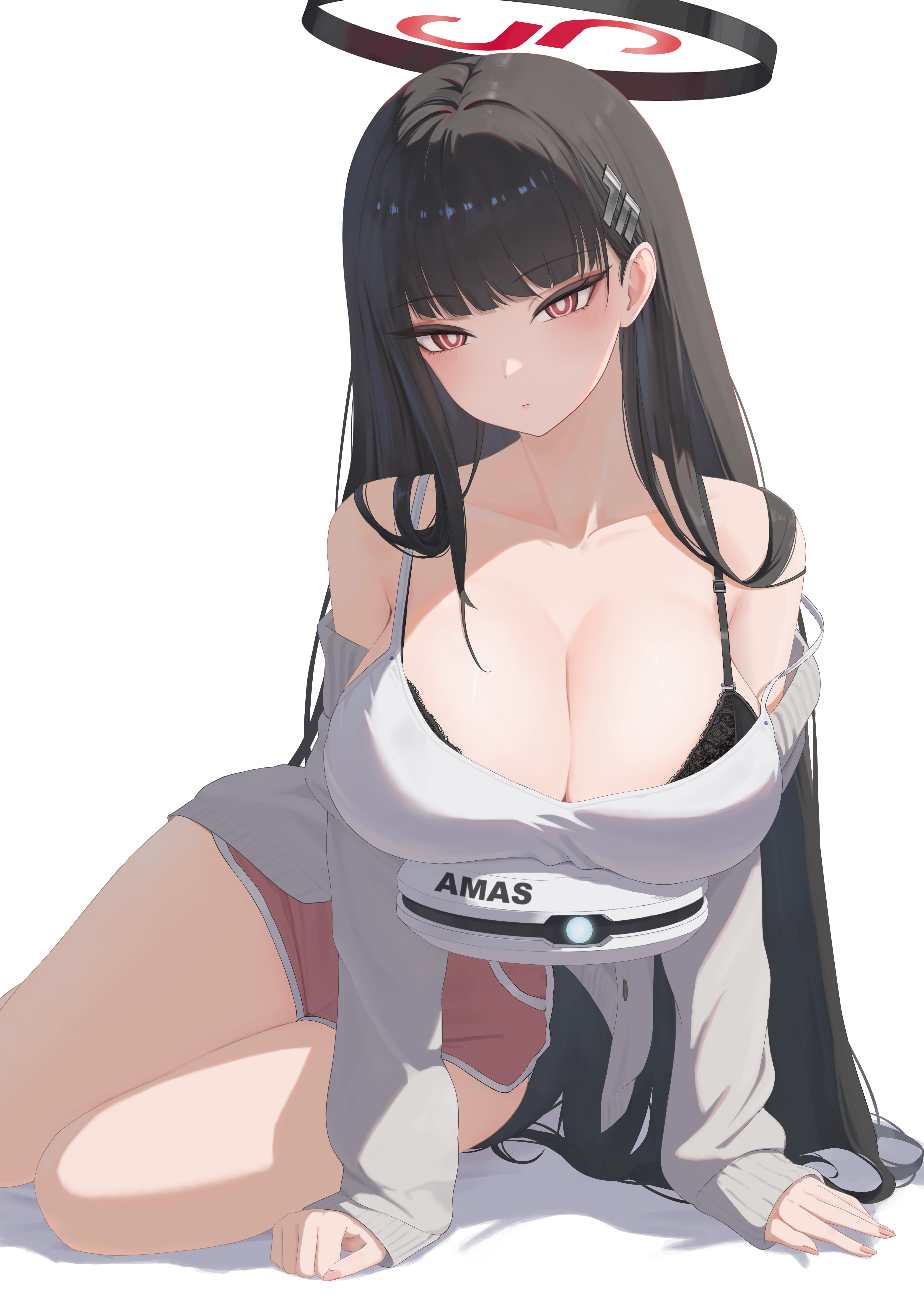 pige pig, rio (blue archive), blue archive, absurdres, commentary, highres, 1girl, arm support, bare shoulders, bed, black bra, black hair, black halo, blunt bangs, bra, bra peek, bra strap, breast rest, breasts, bright pupils, cardigan, cleavage, closed mouth, collarbone, dolphin shorts, frilled sleeves, frills, grey cardigan, hair ornament, halo, head tilt, large breasts, long hair, long sleeves, looking at viewer, millennium science school logo, multicolored halo, nail polish, non-humanoid robot, off shoulder, on bed, pink nails, pink shorts, red eyes, ringed eyes, robot, shirt, short shorts, shorts, simple background, sitting, solo, strap slip, thighs, two-tone halo, underwear, very long hair, white background, white pupils