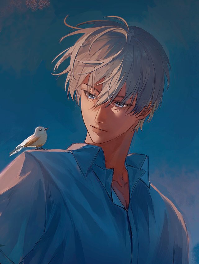 gymnopedies2, xavier (love and deepspace), love and deepspace, commentary request, 1boy, animal, animal on shoulder, bird, bird on shoulder, blue background, blue eyes, closed mouth, collarbone, grey eyes, grey shirt, hair between eyes, looking at another, male focus, shirt, short hair, simple background, solo, upper body