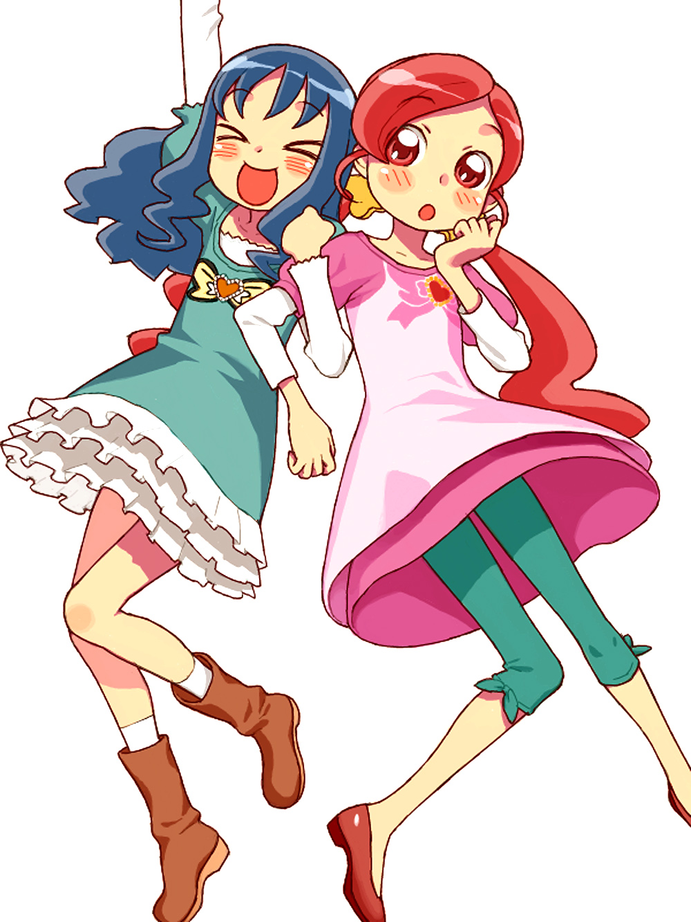 hijiri rei, hanasaki tsubomi, kurumi erika, heartcatch precure!, precure, highres, > <, 10s, 2girls, :d, blue hair, blush, brooch, closed eyes, heart, heart brooch, jewelry, long hair, multiple girls, open mouth, red hair, smile, xd