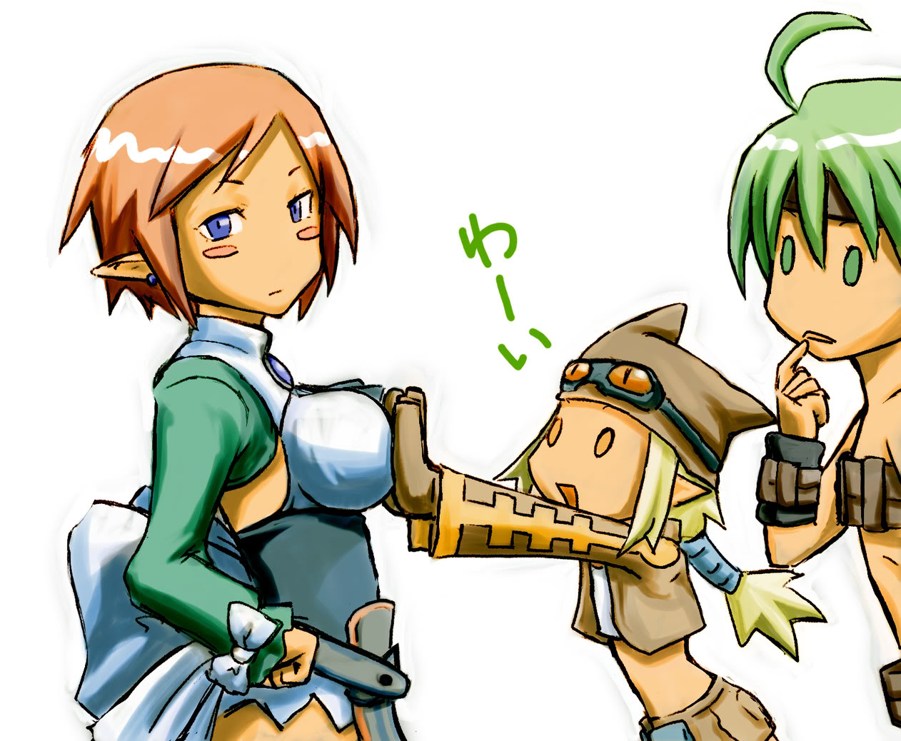 female warrior (disgaea), magic knight (disgaea), thief (disgaea), warrior (disgaea), disgaea, nippon ichi, striped, artist request, 3girls, :d, :o, age difference, ahoge, animal hat, ascot, bandeau, bare shoulders, belt, belt bra, blonde hair, blue eyes, blush stickers, bow, breast envy, breasts, brown hair, cat hat, child, crop top, earrings, embarrassed, finger to mouth, flat chest, gem, gloves, goggles, goggles on head, grabbing another's breast, green eyes, green hair, groping, hair tubes, hand on own hip, hat, jacket, jewelry, large breasts, loincloth, long hair, looking at viewer, looking back, midriff, multiple girls, o o, open clothes, open jacket, open mouth, orange eyes, orange hair, outstretched arms, parted bangs, pointing, pointy ears, ponytail, profile, simple background, slit pupils, smile, standing, surprised, turtleneck, upper body, white background, wristband, yellow eyes