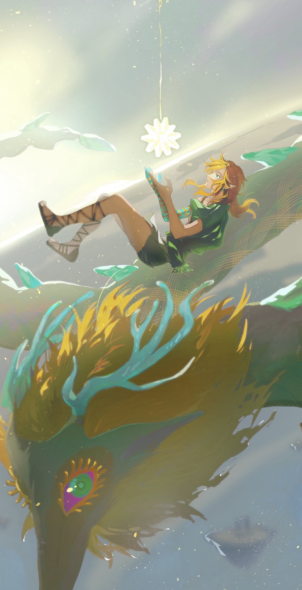 gymnopedies2, light dragon (zelda), link, princess zelda, nintendo, the legend of zelda, the legend of zelda: tears of the kingdom, commentary request, highres, 1boy, aqua eyes, arm markings, blonde hair, dragon, earrings, floating, gladiator sandals, green eyes, green sash, jewelry, long hair, open-toe shoes, pink scarf, pointy ears, sandals, sash, scarf, sidelocks