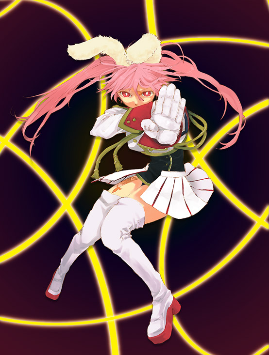 agn, chiester45, 07th expansion, no naku koro ni (series), umineko no naku koro ni, bad id, bad pixiv id, 1girl, animal ears, boots, female focus, gloves, pink hair, rabbit ears, red eyes, showgirl skirt, skirt, solo, tattoo, thighhighs, twintails