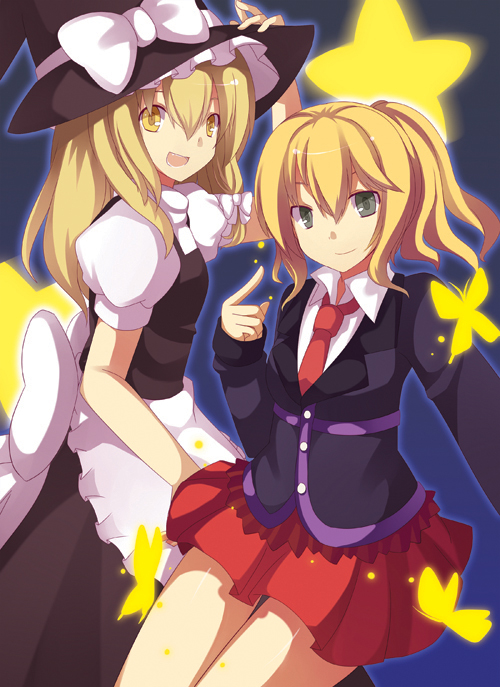 somnium, kirisame marisa, ushiromiya jessica, touhou, turn of the golden witch, umineko no naku koro ni, bad id, bad pixiv id, blonde hair, bow, bowtie, cosplay, crossover, hat, kirisame marisa (cosplay), necktie, ponytail, skirt, witch, witch hat
