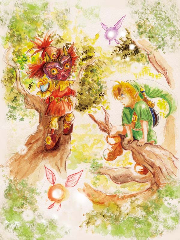 link, majora (entity), skull kid, tael, tatl, young link, nintendo, the legend of zelda, the legend of zelda: majora's mask, painting (medium), traditional media, watercolor (medium), 2boys, blonde hair, blue eyes, fairy, mask, multiple boys, nature, shield, shield on back, sword, tree, weapon