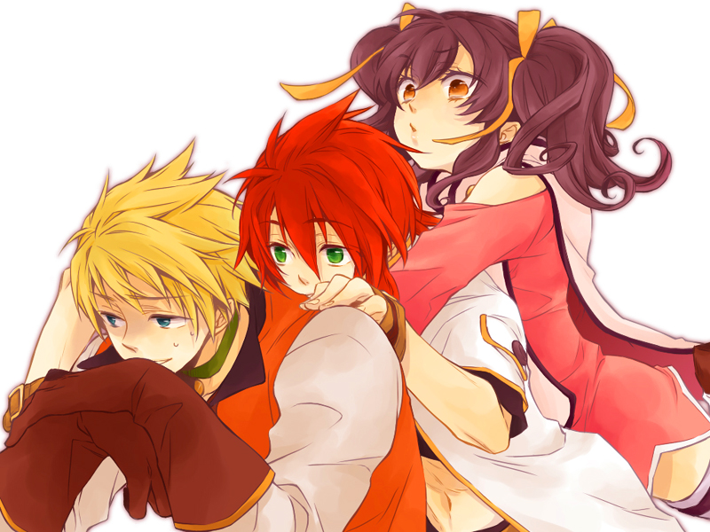 kira (abyss), anise tatlin, guy cecil, luke fon fabre, tales of (series), tales of the abyss, bad id, bad pixiv id, 00s, 1girl, 2boys, black hair, blonde hair, blue eyes, choker, gloves, green eyes, hug, hug from behind, multiple boys, navel, red hair, simple background, smile, twintails, white background, yellow eyes
