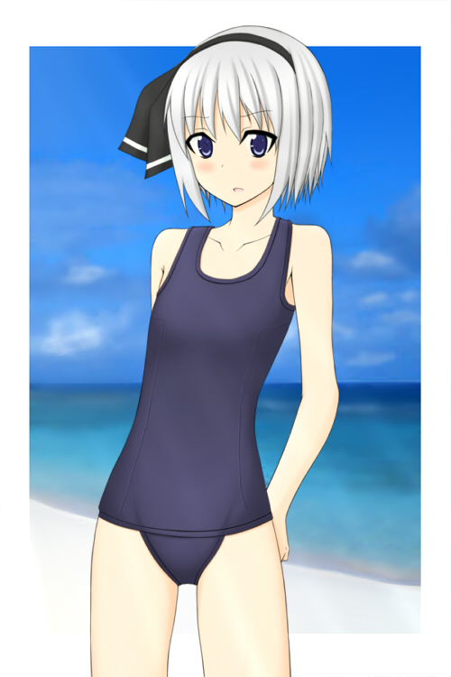 harara (makotomakotomakoto), konpaku youmu, touhou, silver hair, bad id, bad pixiv id, 1girl, beach, blue eyes, day, female focus, flat chest, gradient background, hairband, ocean, one-piece swimsuit, school swimsuit, short hair, sky, solo, swimsuit