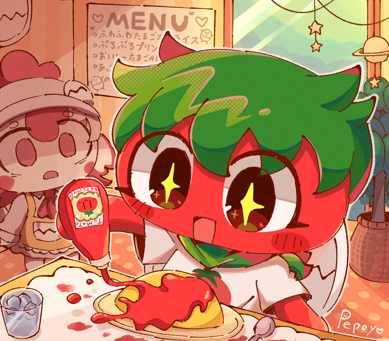 pepoyo, original, commentary request, highres, + +, 2girls, :d, arm at side, artist name, ascot, bright pupils, brown eyes, chair, chibi, chibi only, colored skin, cup, drinking glass, empty eyes, food, green hair, halftone, ice, ice cube, indoors, ketchup, ketchup bottle, looking at another, looking at food, menu board, multiple girls, no pupils, on chair, open mouth, outline, plate, red ascot, red eyes, red hair, red skin, shirt, short hair, short sleeves, sitting, smile, solo focus, spoon, star (symbol), tareme, tongue, white outline, white shirt, white skin, wide-eyed, yellow pupils