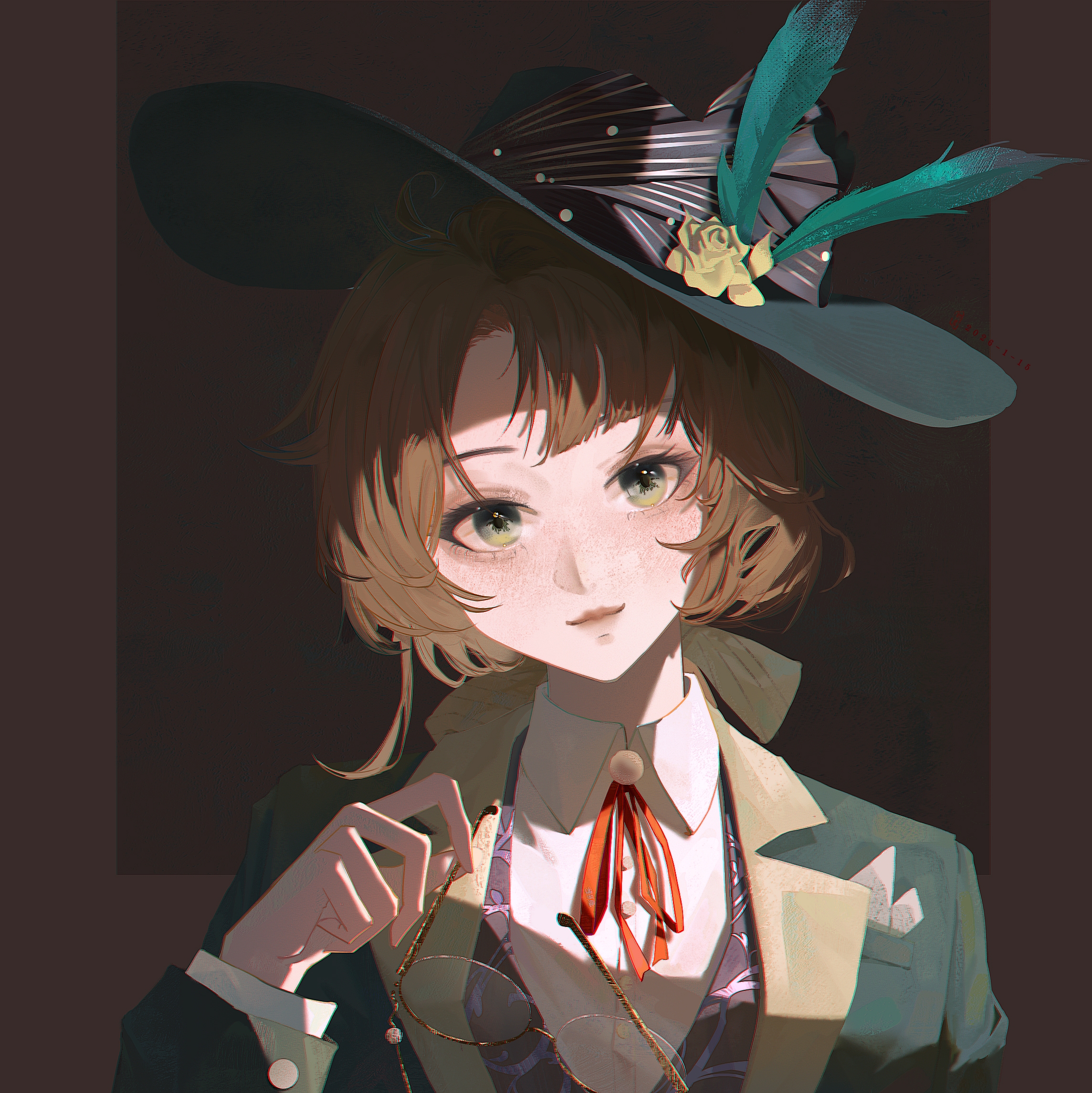 kakania (reverse:1999), reverse:1999, chinese commentary, commentary request, highres, 1girl, bow, brown background, brown hair, changzhounan, collared shirt, feathers, flower, glasses, green eyes, green feathers, green hat, green jacket, hair bow, hand up, hat, hat feather, hat flower, head tilt, holding, holding removed eyewear, jacket, looking at viewer, neck ribbon, picture hat, portrait, red ribbon, ribbon, round eyewear, shirt, smile, solo, straight-on, tilted headwear, unworn eyewear, white shirt, yellow bow, yellow flower