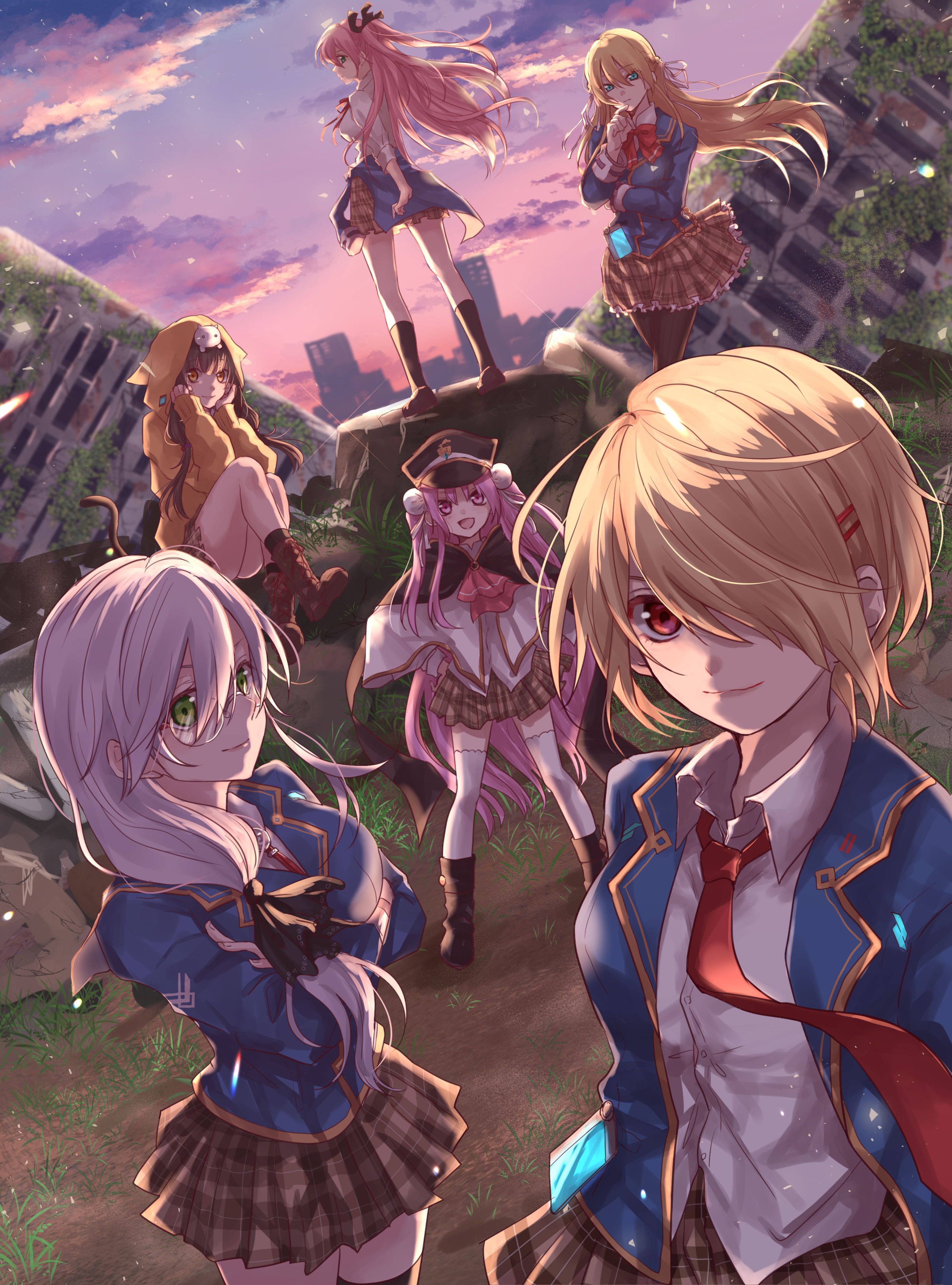 nanosuke (nanonano9), aikawa megumi, asakura karen (heaven burns red), izumi yuki (heaven burns red), kayamori ruka, kunimi tama, toujou tsukasa, heaven burns red, absurdres, commentary, english commentary, highres, 6+girls, blonde hair, brown hair, building, cat tail, glasses, green eyes, hat, looking at viewer, moss, multiple girls, necktie, pink hair, red eyes, ruins, sailor hat, school uniform, skirt, tail