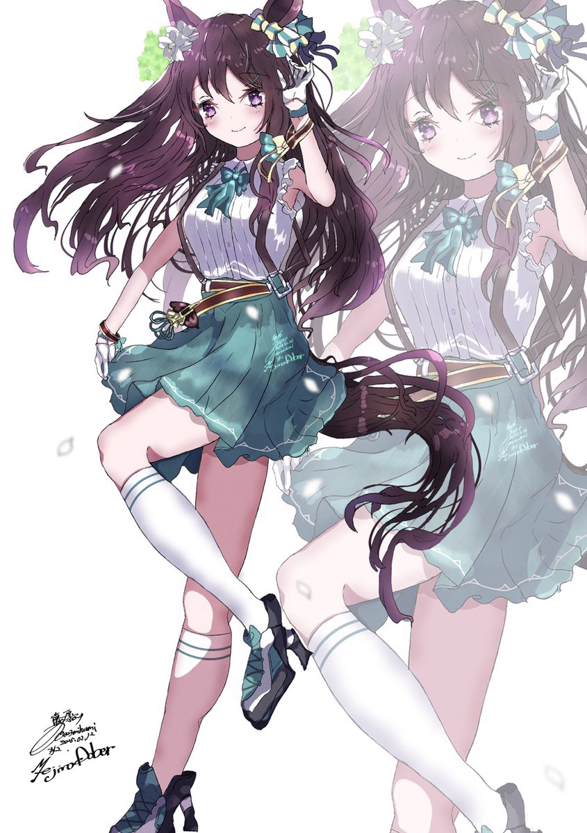 mejiro dober (off the line) (umamusume), mejiro dober (umamusume), umamusume, commentary request, 1girl, 323mihumi, animal ears, aqua bow, aqua skirt, blush, bow, bowtie, breasts, brown hair, center frills, closed mouth, ear bow, frills, full body, gloves, green bow, green bowtie, green skirt, hair ornament, horse ears, horse girl, horse tail, kneehighs, long hair, looking at viewer, purple eyes, shirt, simple background, skirt, sleeveless, sleeveless shirt, smile, socks, solo, standing, tail, white background, white gloves, white shirt, white socks, zoom layer