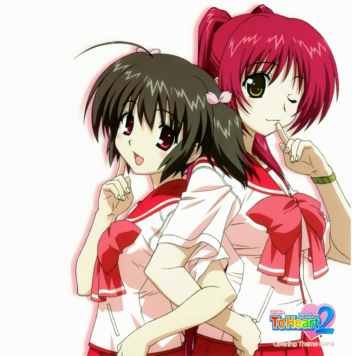 kousaka tamaki, yuzuhara konomi, to heart (series), to heart 2, highres, 2girls, brown hair, long hair, multiple girls, red hair, school uniform, short hair, short twintails, twintails