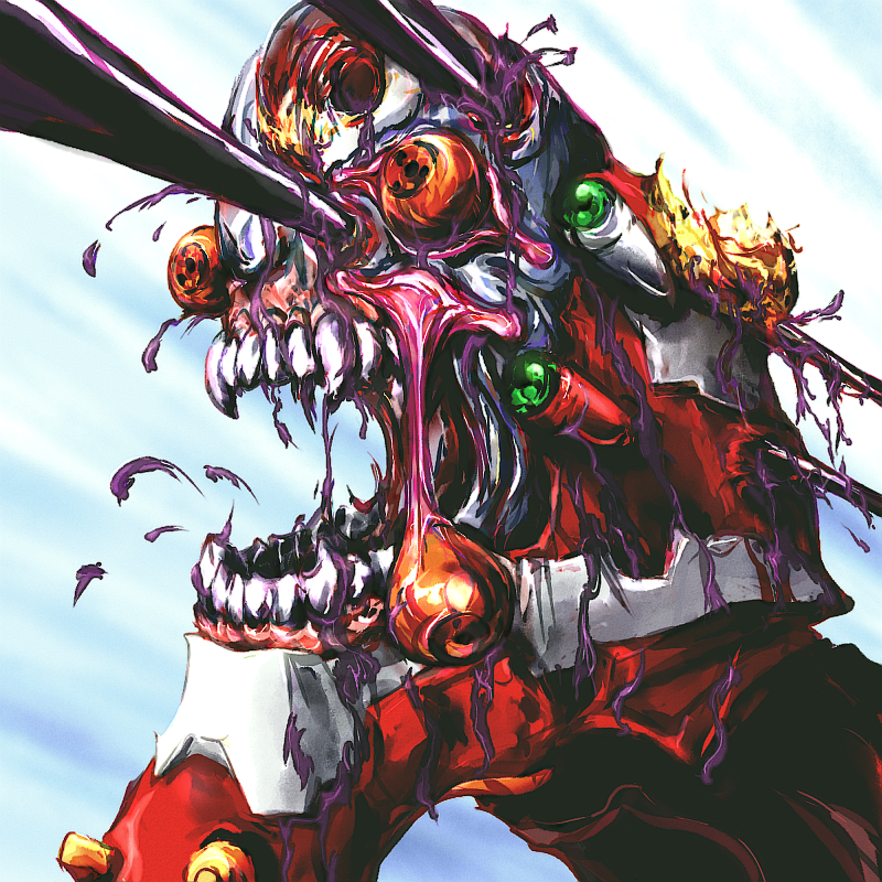 byneet, eva 02, neon genesis evangelion, the end of evangelion, bad id, bad pixiv id, spoilers, 1990s (style), armor, bident, blue background, damaged, guro, lance, mecha, polearm, retro artstyle, robot, spear, teeth, weapon