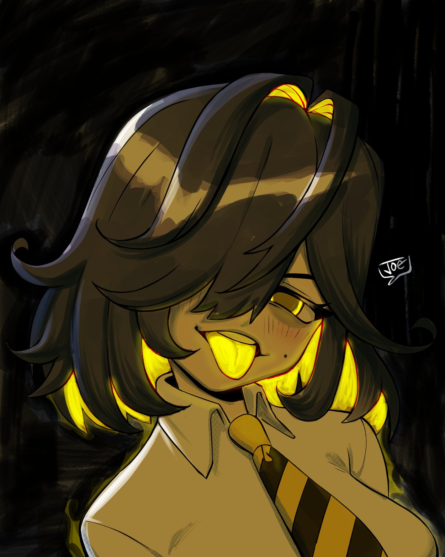 joecanvas, midas (vtuber), original, highres, bags under eyes, blush, can't be this cute, dress shirt, glowing, glowing eyes, glowing hair, looking at viewer, mole, necktie, shirt, solo focus, tongue, tongue out, virtual youtuber