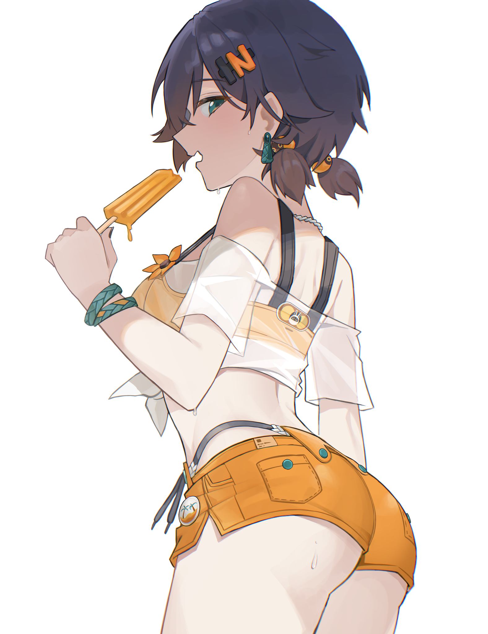 noir (noir reveur), belle (summer skies) (zenless zone zero), belle (zenless zone zero), zenless zone zero, highres, 1girl, ;), ass, blue hair, breasts, cowboy shot, crop top, earrings, food, green eyes, hair ornament, holding, holding food, holding popsicle, jewelry, large breasts, letter hair ornament, midriff, navel, no headwear, official alternate costume, one eye closed, open mouth, orange shorts, popsicle, see-through clothes, see-through shirt, shirt, shorts, simple background, smile, solo, tied shirt, white background, white shirt
